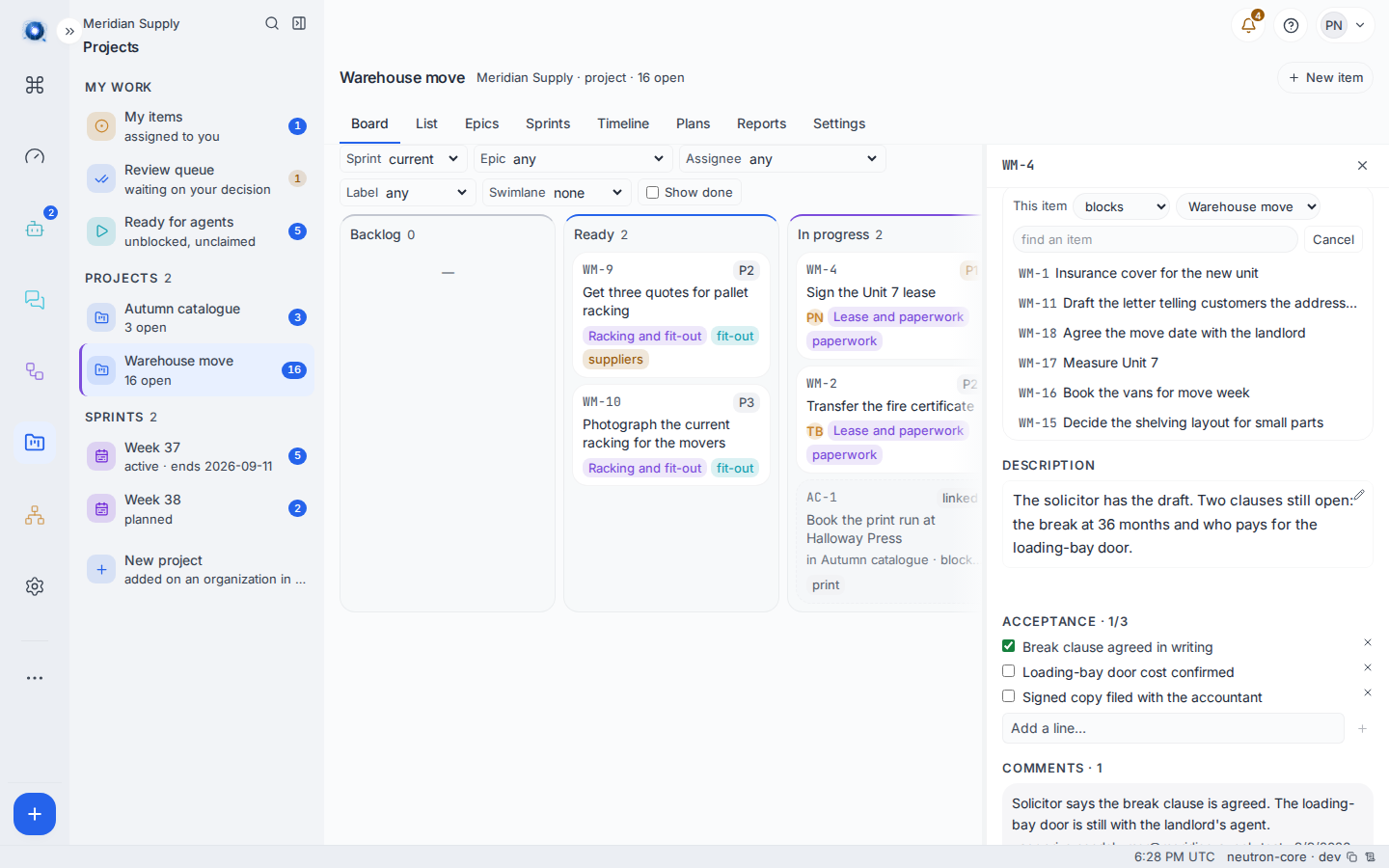 The link controls open: the kind, the project to search, and a list of items to pick from