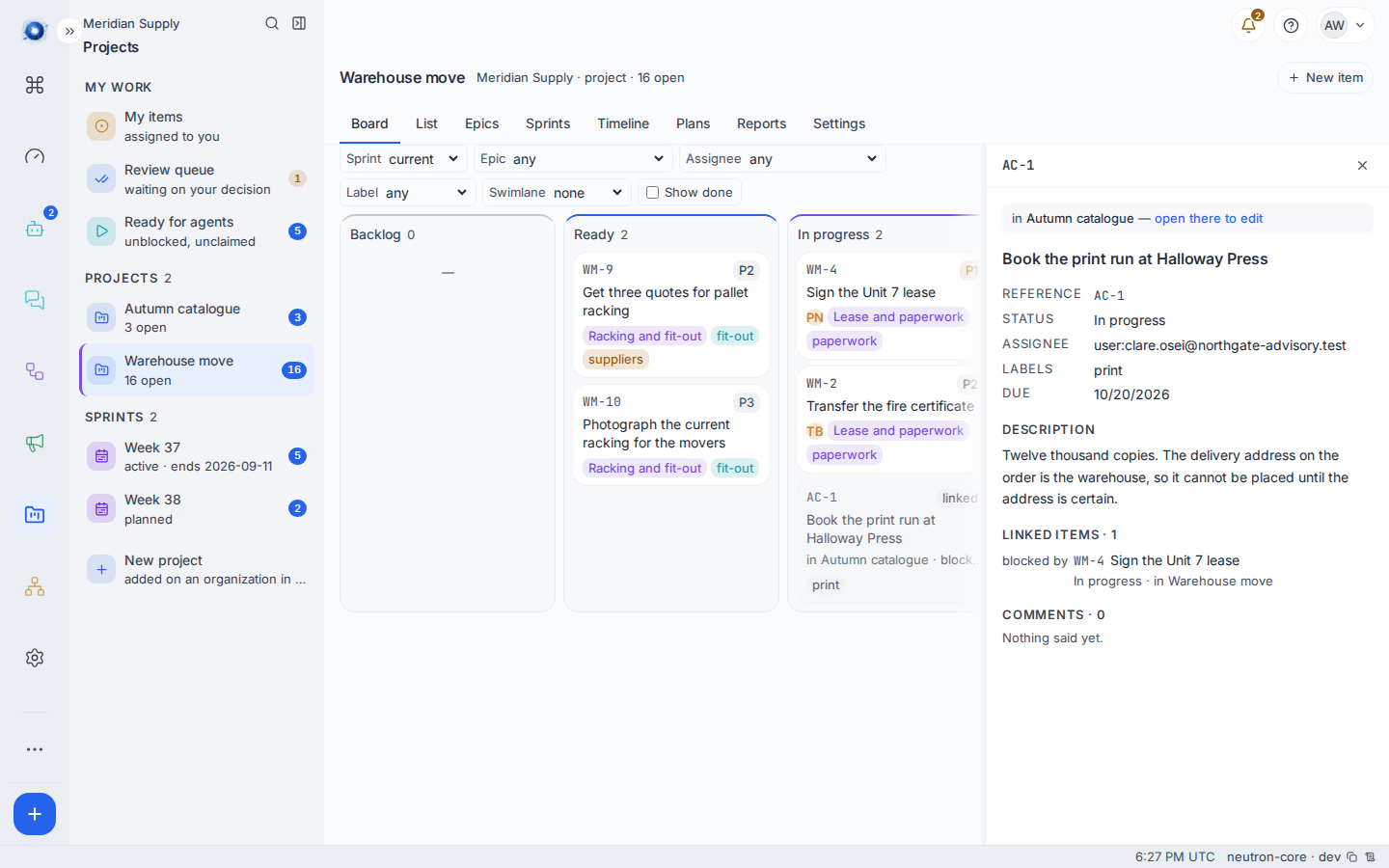 A linked card from another project, opened read-only, showing what it blocks