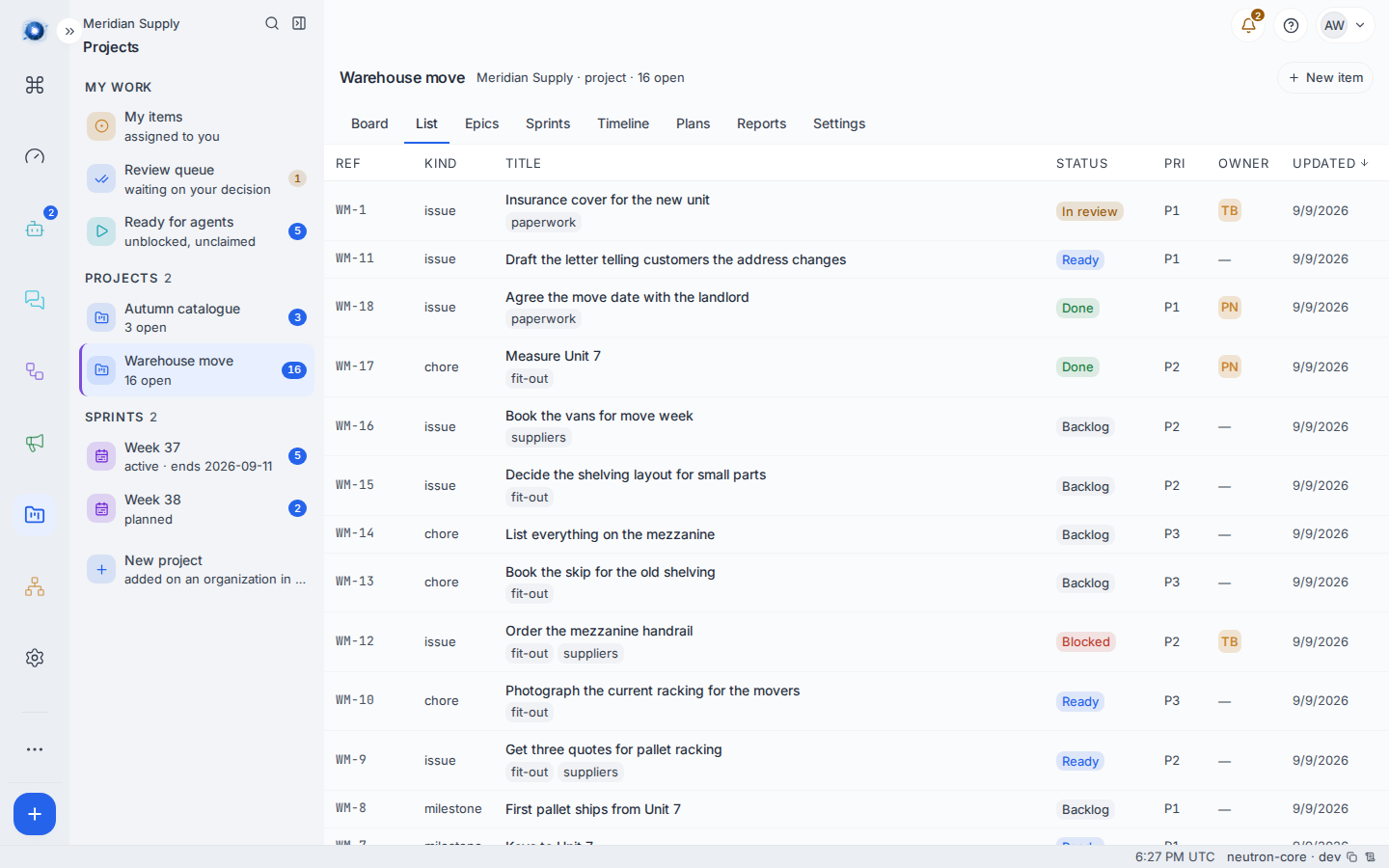 The List screen: every item in the project, sortable by any column