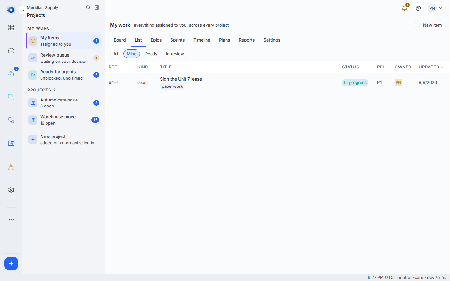 My items: everything assigned to one person, across every project