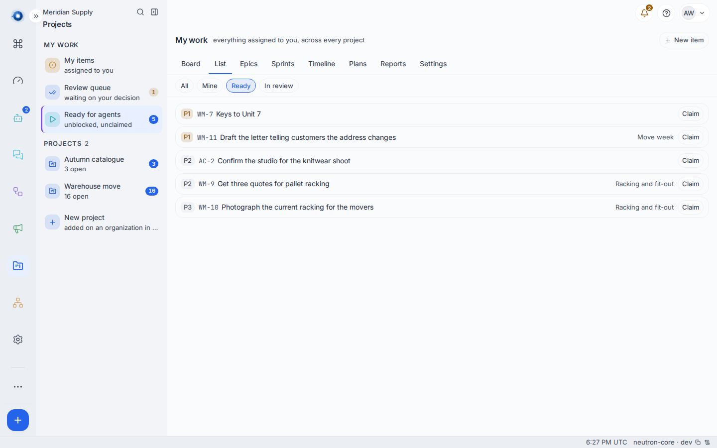 The ready queue: unclaimed, unblocked work with a Claim button on each row