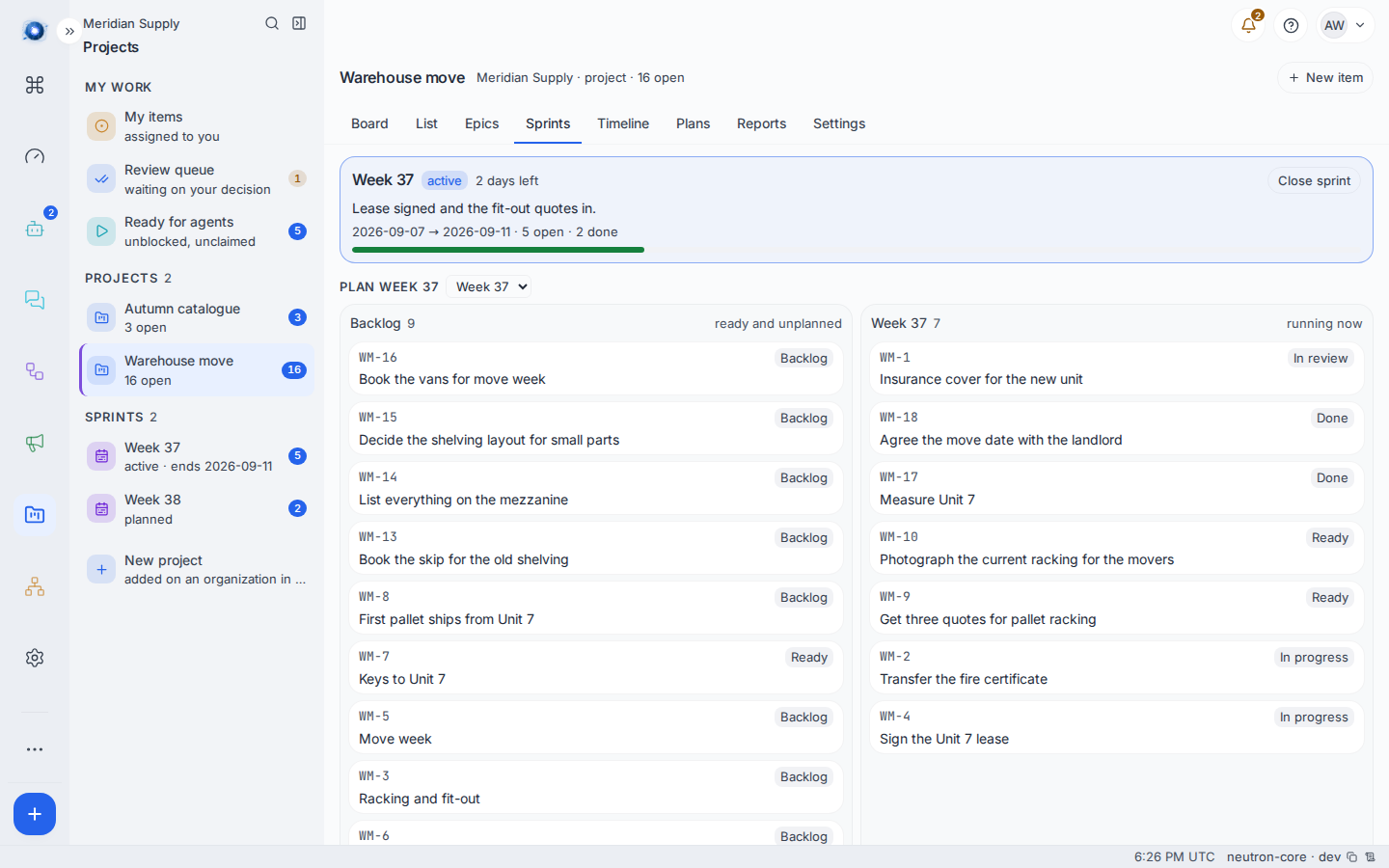 The Sprints screen: an active week with a progress bar, the planner, and the new-sprint form