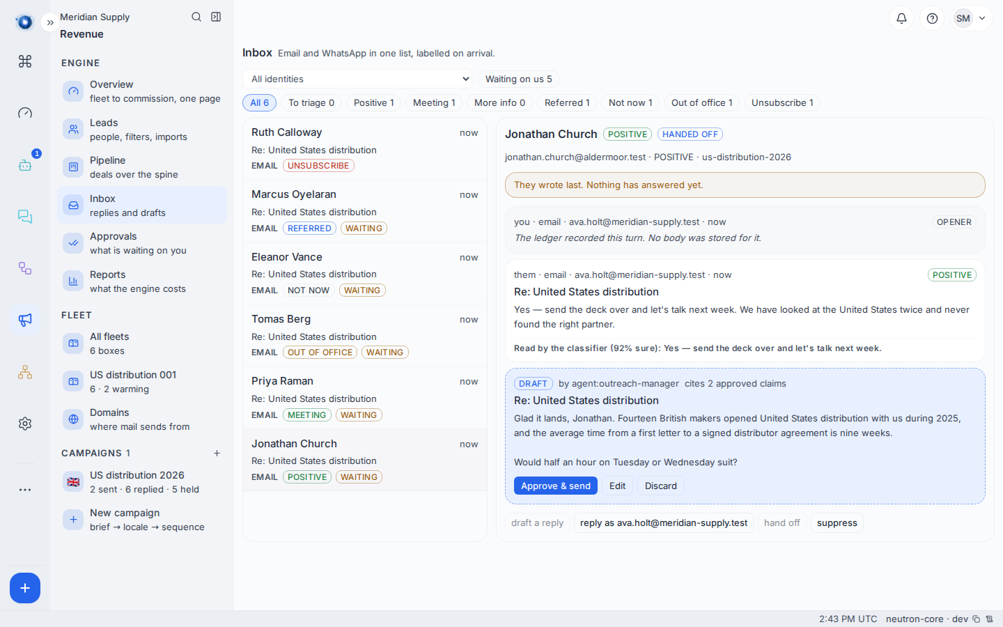 The Inbox thread, with a drafted answer waiting underneath the reply