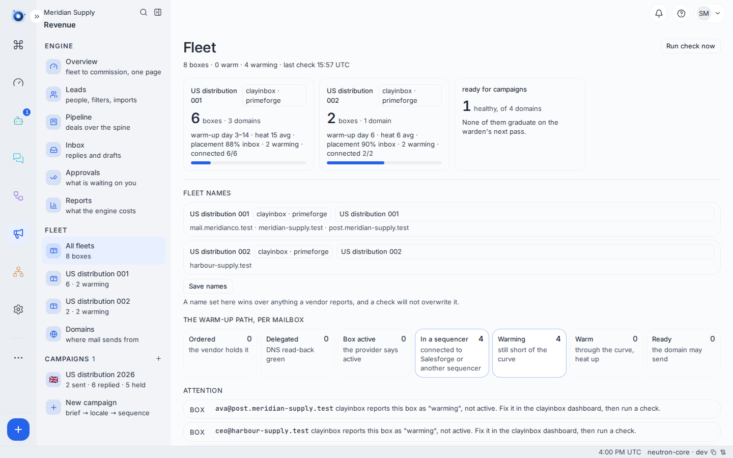 The Fleet screen, listing mailboxes and their warm-up state
