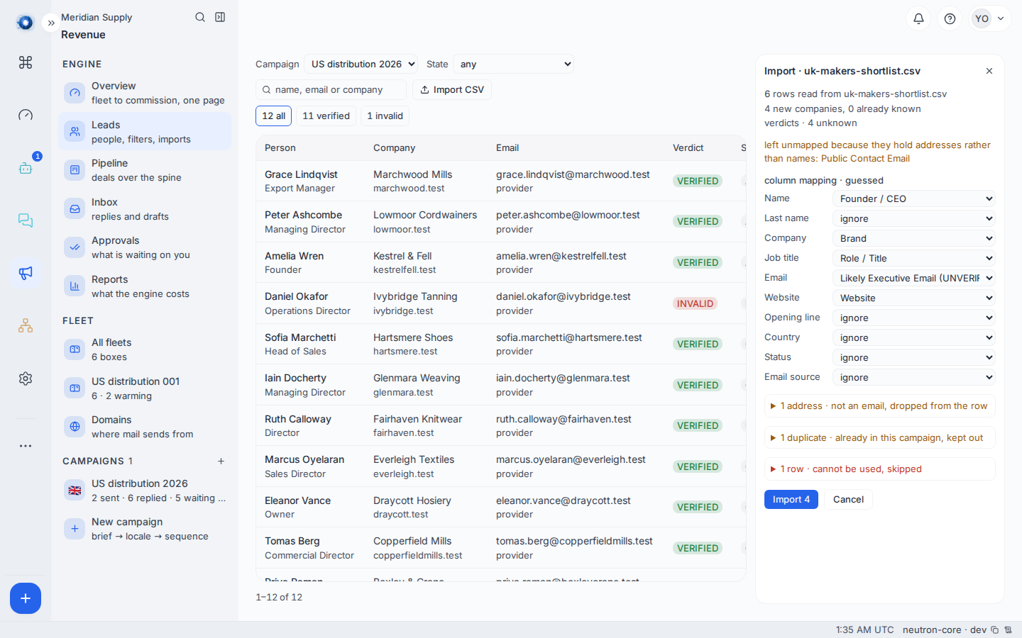 The import panel showing the guessed column mapping